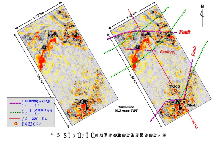 図 5  タイムスライス表示例（左：解釈前，右：解釈後）  Fault TNK-1TNK-2ボーリング位置楮原･他 (2011) による断層推定位置本UHR3D調査による断層推定位置産総研2D震探測線 NTime Slice99.2 msec TWT 図 6  三次元探査結果で明らかになったチャネル構造 IL 157TWT = 63.2 msec Sea Bottom 30 ms50 ms40 ms60 msChannelsTWT