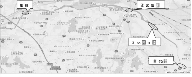 図 ８ ． ３ ． ８   調 査 地 点 図   ～ 六 堰 付 近 ～ ・   流 速 は 荒 川 大 橋 よ り も 速 く （ 秒 速 80cm 程度）、水位は膝程度（50cm 程度） の 地 点 が 多 か っ た 。 ・   き れ い な 石 が 多 く 、 付 着 藻 類 は 確 認                      で き な か っ た 。六 堰 荒 川 大 橋久 下 橋 上 流 大 芦 橋