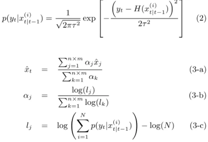 図 2: A conceptual diagram of a particle ﬁlter using an ensemble learning. 2.2 アルゴリズム 提案手法のアルゴリズムは以下のように記述できる． (1) システムモデルと観測モデルのノイズの分散の推定範囲 をそれぞれ n ， m 等分し，合計 n × m 個の粒子集団を生 成する． (2) 各 粒 子 集 団 に お い て ，初 期 分 布 を 近 似 す る 粒 子 集 団 {x (i) 0 | 0 } N i=1 (x (i)0