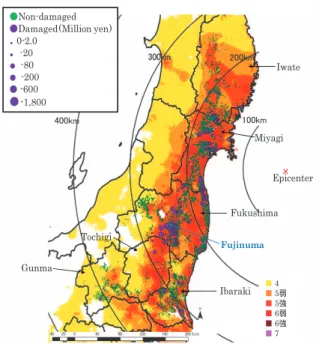 Fig. 9 東北地方太平洋沖地震におけるため池の被災分布