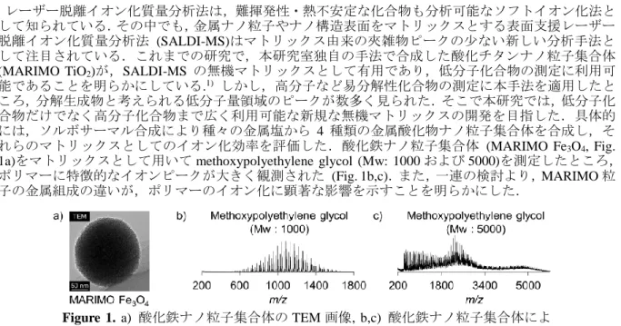 Figure  1.  a)  酸化鉄ナノ粒子集合体の TEM 画像,  b,c)  酸化鉄ナノ粒子集合体によ