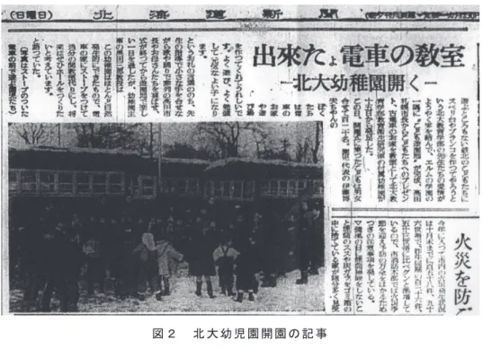 図 ２   北 大 幼 児 園 開 園 の 記 事   出 典   『 北 海 道 新 聞 』 1952 年 11 月 16 日 。   表 ３ の 年 譜 の 通 り ， 北 大 幼 児 園 は 整 備 さ れ ， 図 ３ の 通 り ， 卒 園 児 も 増 加 し て い っ た 。 表 ３   年 譜             年   月 内   容 1950 （ 昭 和 25 ） ５ 1951 （ 昭 和 26 ） 10  1952 （ 昭 和 27 ） ５               10     