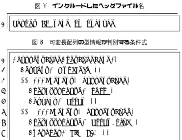 図 7 インクルードしたヘッダファイル名 1 T a r g e t := n a m e in i n c l u d e 図 8 可変長配列の型情報か判別する条件式 1 ( c u r r e n t N o d e 