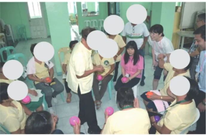 Fig. 2. Diabetes quizzes as a group game using balls. Group  quizzes were conducted as a ball game in which the participants  prepared and asked each other dual-choice questions related  to diabetes