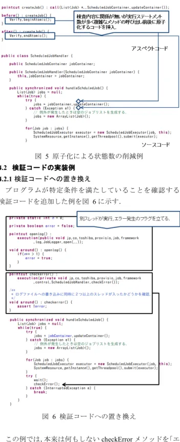 図  5 の例では，updateContainer という複雑で多くの状態 を作るメソッドを呼び出す前後に JPF に状態を作らないよ う指示するコードを追加挿入している．  図  5  原子化による状態数の削減例  4.2 検証コードの 検証コードの実装例検証コードの検証コードの実装例実装例 実装例  4.2.1  検証コードへの置き換え  プログラムが特定条件を満たしていることを確認する 検証コードを追加した例を図   6 に示す． 図  6  検証コードへの置き換え  この例では，本来は何もしない c