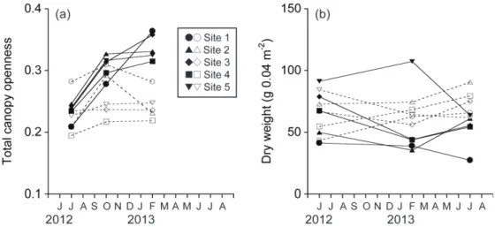 Fig. 3 (a) Total canopy openness and (b) dry weights of accumulated litter near quadrats