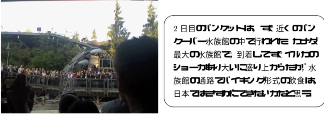 図  イルカのショー 日目のバンケットは，すぐ近くのバンクーバー水族館の中で行われた．カナダ最大の水族館で，到着してすぐイルカのショーがあり大いに盛り上がったが，水族館の通路でバイキング形式の飲食は，日本ではさすがにできないかなと思う． .@  日 目 3-   +   ?  *.9