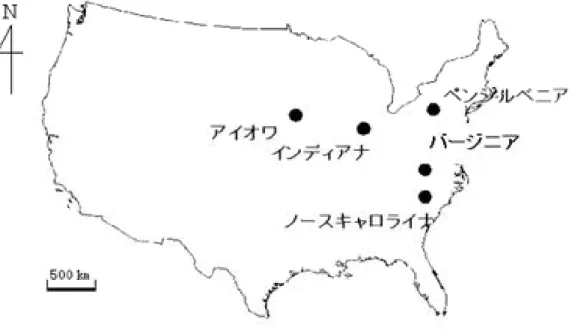 図 2.5  ホワイトアッシュ，シュガーメープルの採取地 