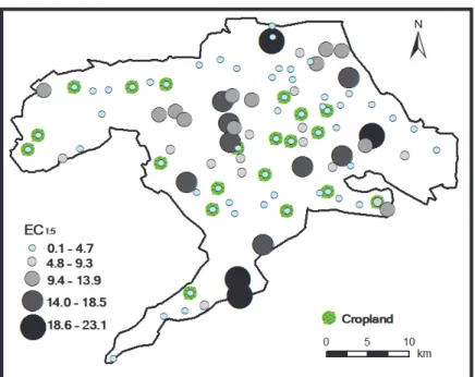 Fig. 7 Map of the distribution of EC 1:5  values for the 94 soil samples. 