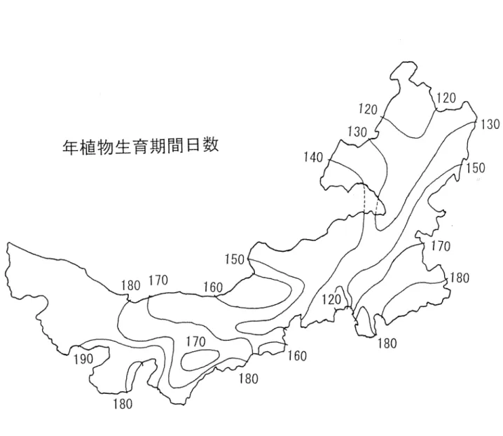 図 . 4 ~  内豪古における植物生育期間（日数）の分布