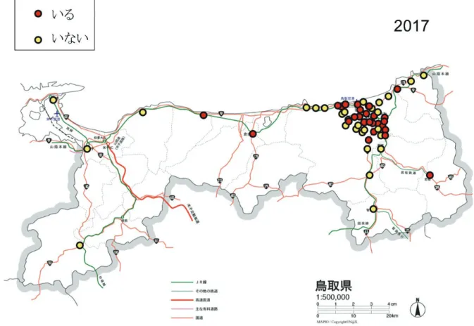 図 4.  鳥取県東部におけるクロ ガケジグモ生息の有無の今回 の調査結果（ 2017 年）破線は 本 種 の 2014 年 ま で 確 認 範 囲 （外周を結んだ多角形で示す： 鶴崎・鶴崎　 2018 より） 