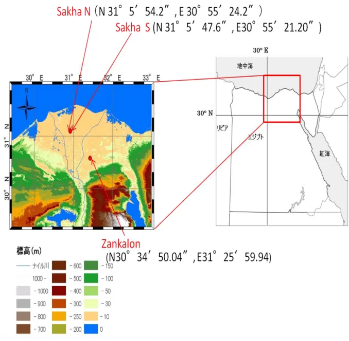 図   3  エジプト地図.  左の地図は Map source は Aster G-DEM であり,  右の白地図は福田  (2010)  のエジプト全体の地図を基に作成した