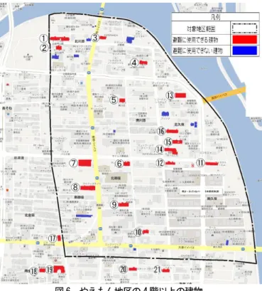 図 6  やえもん地区の 4 階以上の建物  2)避難可能面積と人口をみた結果    人口と避難可能面積だけを見ると、 一人当たりの避難必要面積を 1 ㎡とし、避難ビルの屋上 70％を避難可能面積とした。(表 5 参照)  やえもん地区の人口 3,205 人、避難ビルの避難可能面積 10,391 ㎡であり、今回指定した避難ビルでやえもん地区の人は全員避難す ることができる。 （表 6 参照）  表 5  避難に使える建物の建築面積,避難可能面積  表 6  やえもん地区の人口と避難可能面積 3)町丁目別で避