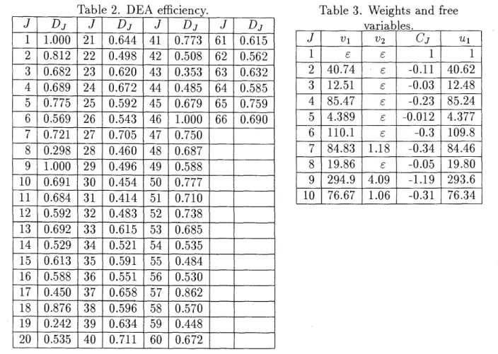 Table 2.  DEA efficiency.  Table 3.  Weights  and free 