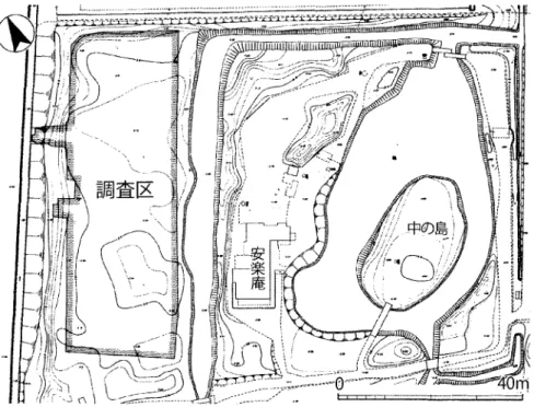 図 3 専修寺庭園と調査区 ( 1 : 1 , 0 0 0 )