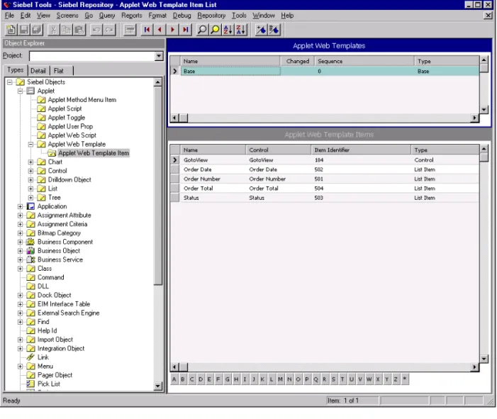 図 1-4 は、 Siebel Tools での [ オーダー ( 個人 )] アプレットの定義を示しています。