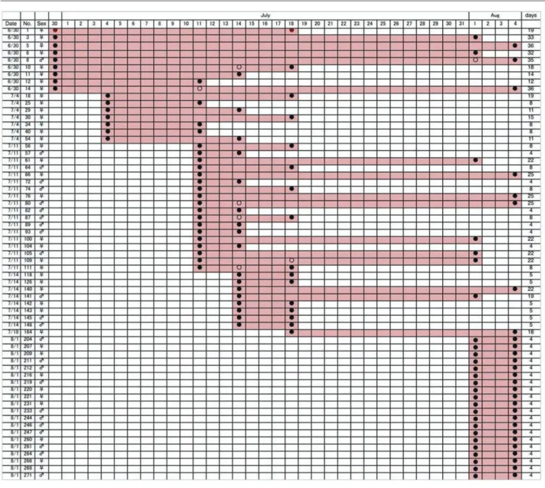 Fig. 7.  Dates of capture (of the first capture and recaptures) for all the 63 adults captured more than once of Cylindera elisae