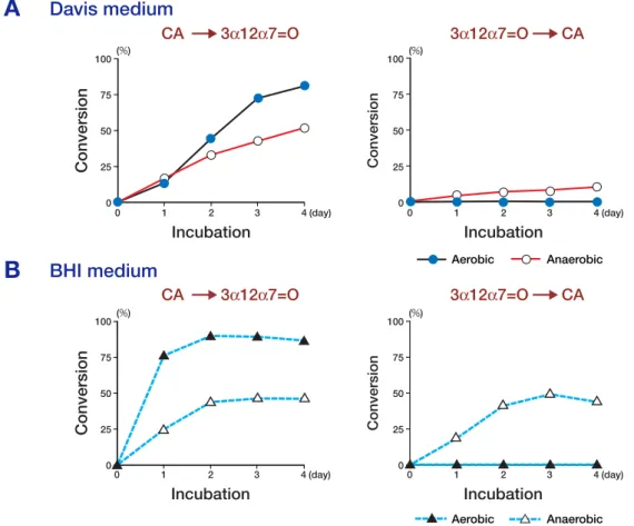Fig. 3.  Conversion of cholic acid (CA) and 3α,12α-dihydroxy-7-oxo-5β-cholanoic acid (3α12α7=O) by Escherichia  coli K-12 in the Davis medium and brain-heart infusion (BHI) medium