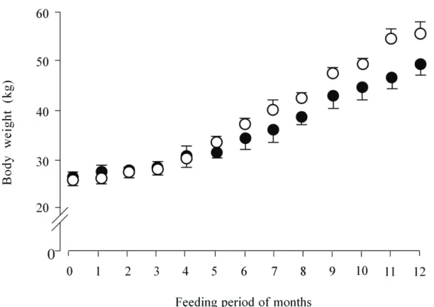 Figure 2.1 Body weight changes of wethers fed diet based on THD or IRD for 12  months of feeding period