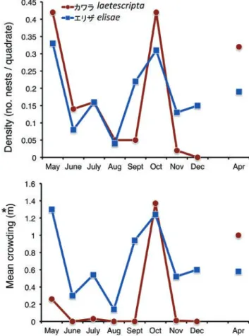 Fig. 10. Seasonal changes of density and mean crowing of larval nests  of  Chaetodera laetescripta and Cilindela elisae in Tottori Sand Dunes  from May 2013 to April 2014.