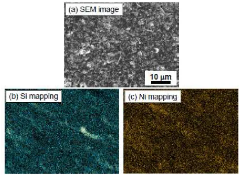 Fig. 2. (a) SEM image of GD-film electrode of Ni-coated Si particles and element mapping of (b) Si  and (c) Ni