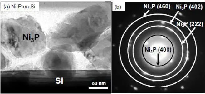 Fig. 8. (a) TEM image and (b) corresponding selected area electron diffraction for Ni-P nanoparticles  coated on Si particles