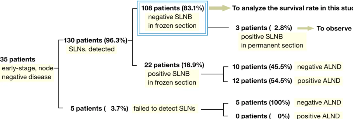Fig. 1.  Qualification of patients of the SLNB group.  We analyzed the survival of 108 patients observed to be negative to  SLNB intraoperatively in frozen section and successively in permanent section