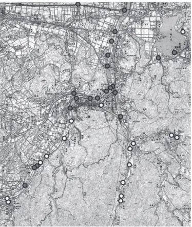 Fig. 4.  Distribution of Badumna insignis in a part of Tottori  City in 2008. Solid circle = present, Open circle = absent.