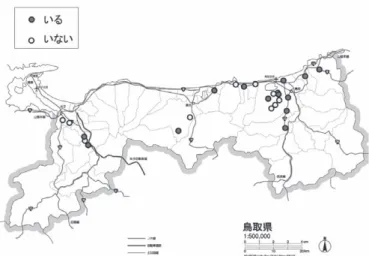 Fig. 3.  Distribution of Corythucha marmorata in Tottori  Prefecture in 2008-200. Solid circle = present, open circle =  absent.