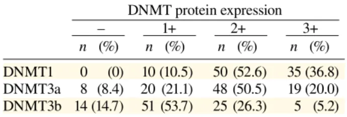 Table 2.  Expression of DNMT 1, 3a and 3b pro- pro-teins in patients with hepatocellular carcinoma