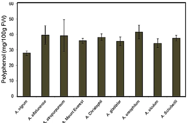 Fig. 7 Total polyphenol content mg/100g FW in different ornamental Allium species. Values are  means + SE (n=2) 