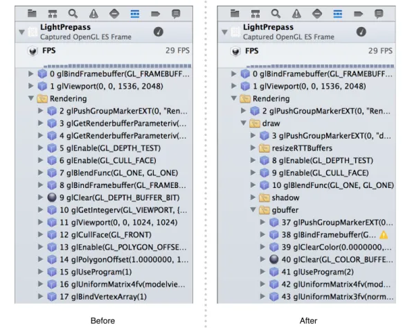 図 7-1 デバッグマーカグループの追加前と追加後のXcode Frame Debugger