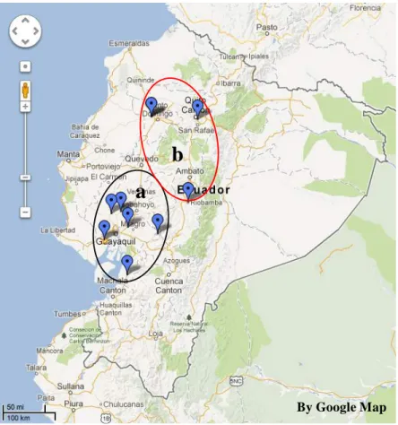 Fig.  2.1.  Ecuador  sampling  map  for  Trichoderma  isolates  (a-coastal  region,  b-  highland  region) 