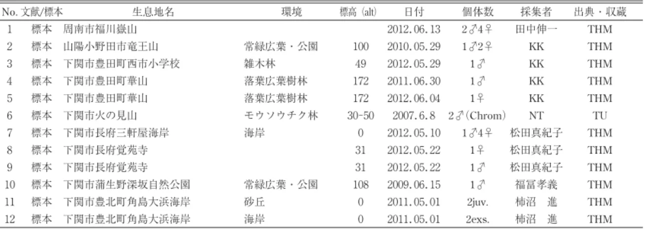 表 14 山口県におけるゴホントゲザトウムシの標本および文献記録 No. 文献/標本 生息地名 環境 標高（alt） 日付 個体数 採集者 出典・収蔵 １ 標本 周南市福川嶽山 ２ ０ １ ２． ０ ６． １ ３ 2♂4♀ 田中伸一 THM ２ 標本 山陽小野田市竜王山 常緑広葉・公園 １ ０ ０ ２ ０ １ ０． ０ ５． ２ ９ 1♂2♀ KK THM ３ 標本 下関市豊田町西市小学校 雑木林 ４ ９ ２ ０ １ ２． ０ ５． ２ ９ 1♂ KK THM ４ 標本 下関市豊田町華山 落葉広葉樹林 １ 