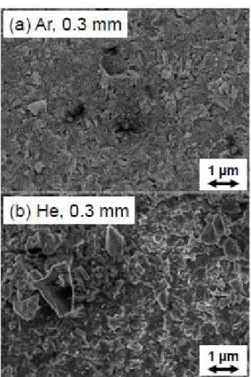 Fig. 2. Surface FE-SEM images of Si thick-film electrodes formed by using (a) Ar and (b) He gases  through nozzle with 0.3 mm in diameter