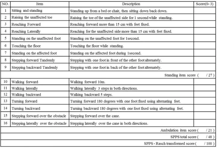 Table 1. The table for measurement of the Stroke physical performance scale. 