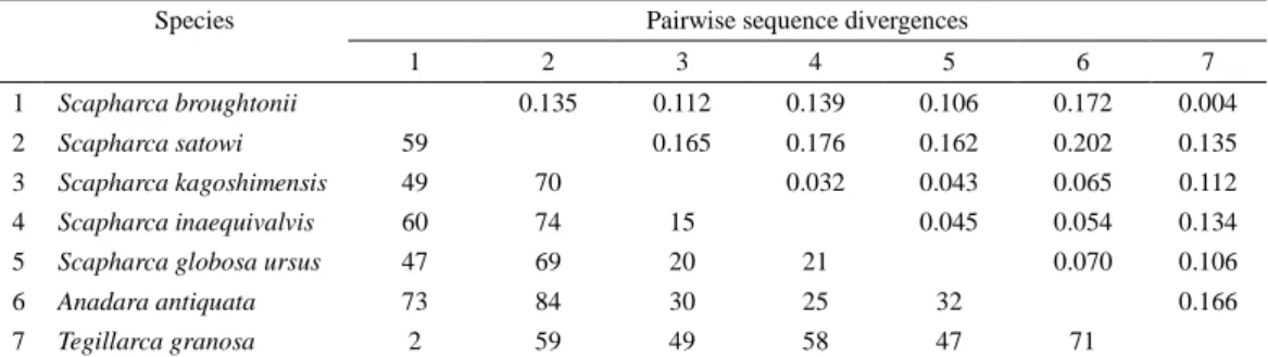 Table 2-6 Pairwise sequence divergences of the mitochondrial DNA COI gene  of 7 Arcidae species 