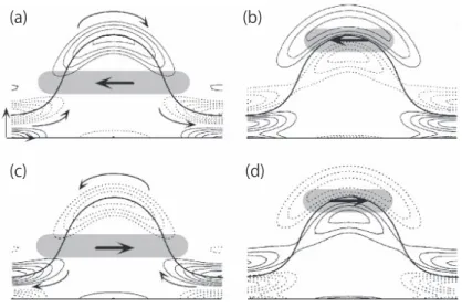 Fig. 3.1: Perturbation streamwise vorticity ω x for sinuous streak instability mode of the model streak at (a) αx = 0, (b) αx = π/2, (c) αx = π, and (d) αx = 3π/2 shown in Fig.9 in Schoppa and Hussain [71], where α denotes the streamwise number