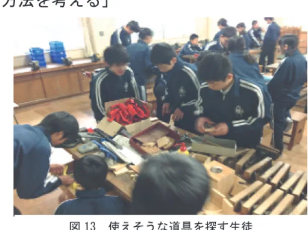 表 1  まっすぐ釘を打つルール 第 1 段階における生徒の活動は，釘をまっ すぐ打ち込む方法を考える，という目標を設 定した。自由に発想させ，工夫して解決する方 法を探らせることで，釘接合の技能に含まれた 工夫に目を向けさせ，その有効性に気づかせる 取り組みである。教師が方法を伝達するのでは なく，生徒自身が方法を探る必要性を，授業の 中に生み出すという発想である 23) 。この活動を 実践するにあたって，ルールを設定した（表 1） 。  生徒の思考を狭めることなく，かつ，最低限 意識させたいことをまとめ