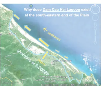 図 3   海岸平野と Cau Hai Lagoon の地理的分布地域学論集 第12巻第2号(2015) Ⅲ  フーヴァン砂州海岸における地形環境調査 1. 問題の所在 ベトナム中部の海岸平野には，砂浜・砂丘景観の類似パターンが認められる。つまり熱帯ポドソルの白砂がなす浜堤列やそれを覆う砂丘の配置は，それぞれの海岸平野において南東から北西に向かってその分布域を広げている。ダナンの南東に1カ所とフエの北西側に2カ所，典型例が認められる（図2）。このことは大局的に見ると沿岸漂砂の方向が南東から北西であることを物