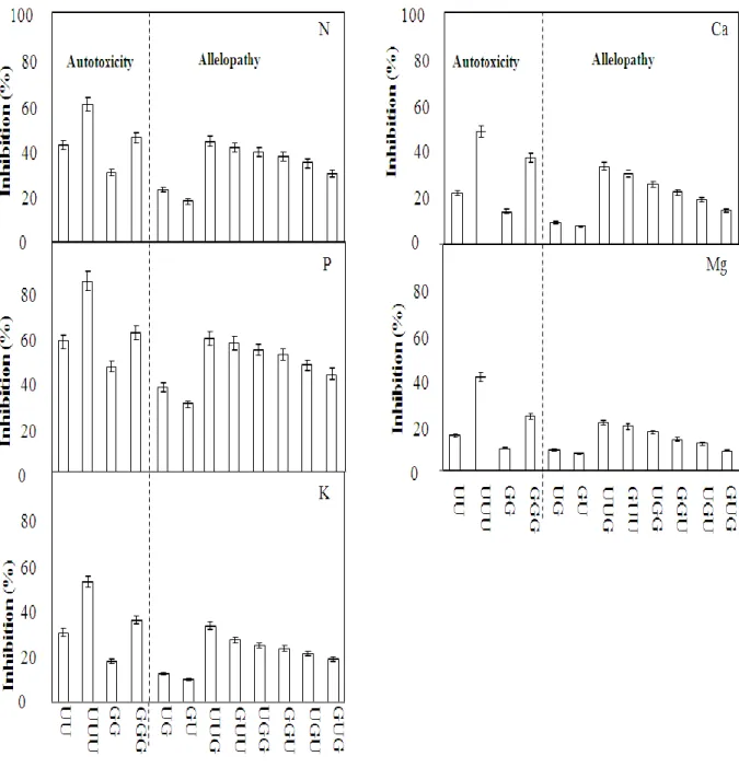 Fig.  6  The potential of allelopathy and autotoxicity between two asparagus varieties for the  nutrient uptake (N, P, K, Ca and Mg) inhibition under different rotational combinations (RC)  Note:  Inhibition (%) was calculated by using equation 1