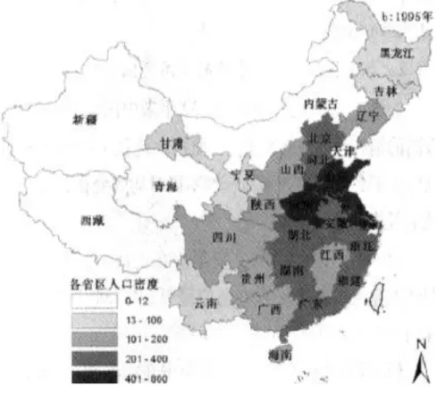 図 1 － 2 b   1 9 9 5 年 各 省 区 農 業 人 口 密 度 空 間 分 布       注 ： 戴 蓉 ・ 郭 楽 ・ 薛 达 元 ・ 孔 発 明 「 中 国 農 業 人 口 分