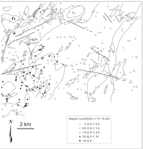 Fig. 9. Magnetic susceptibility of the plutonic rocks in the Hiyama district.