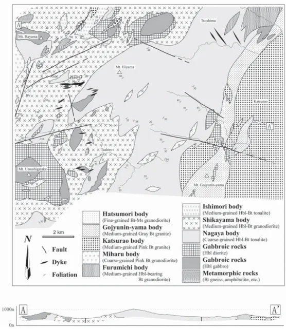 Fig. 2. Geological map of the Hiyama district, the Abukuma mountains, NE Japan. Bt: biotite, Ms: muscovite, Hbl: hornblende.