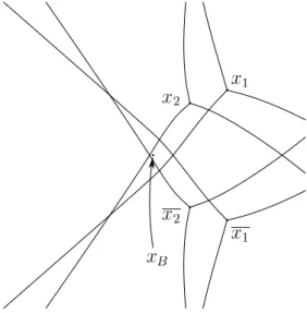 Figure A.5: Stokes curves emanating from x 1 , x 1 , x 2 and x 2 (in the region {x ; |Re(x − x B )| < 0.1, |Im(x − x B )| < 0.1}).
