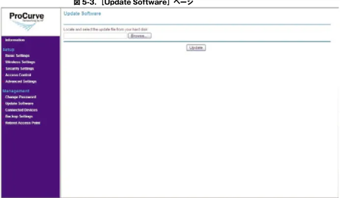 図 5-3．［Update Software］ページ ソフトウェア更新の手順 アクセス ポイント ソフトウェアを更新するには、以下の操作を行います。 １．メニューで、［Management］の下にある［Update Software］をクリックします。［Update Software］ページが表示されます。 ２． ［Browse］をクリックします。［Choose File］ダイアログ ボックスが表示されます。 ３．更新されたソフトウェアを保存したフォルダに移動し、ファイルを選択して、 ［Open］ をクリッ
