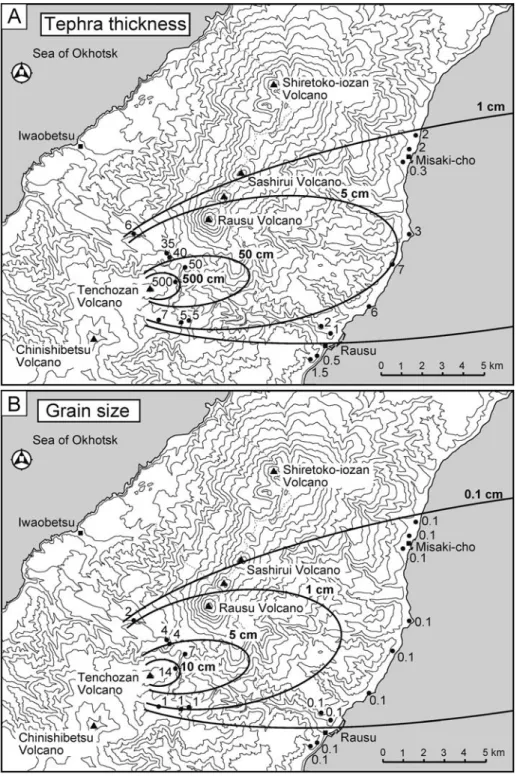 Fig. . (A) Thickness distribution of the Ten-a tephra (in cm). (B) Grain-size distribution of the Ten-a tephra (in cm)