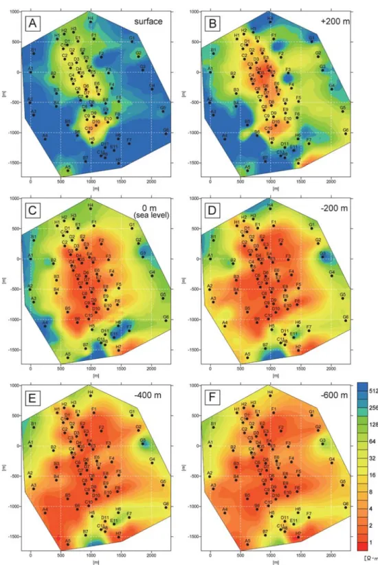 Fig. . Horizontal resistivity pseudosections of the Noboribetsu Geothermal Field at a vertical interval of m.