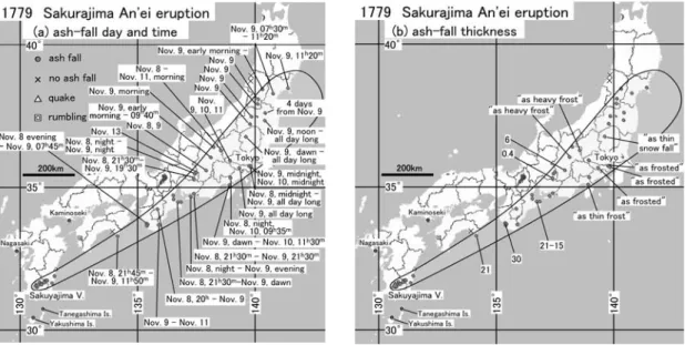 Fig. . (a) Map showing distribution of AD An’ei Sakurajima ash and its fall-out period.