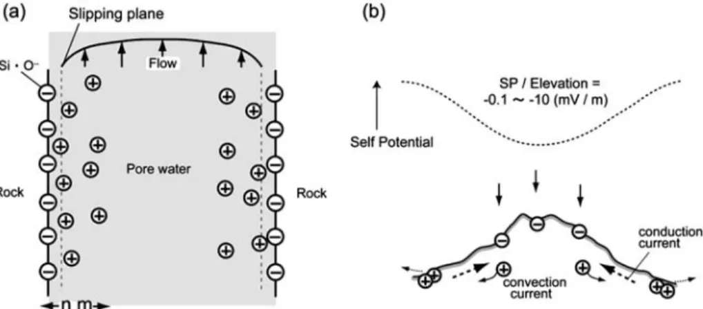 Fig. . (a) Microscopic view of convection current generation by electrokinetic phenomenon (b) Schematic illustration of negative correlation between self potential and elevation